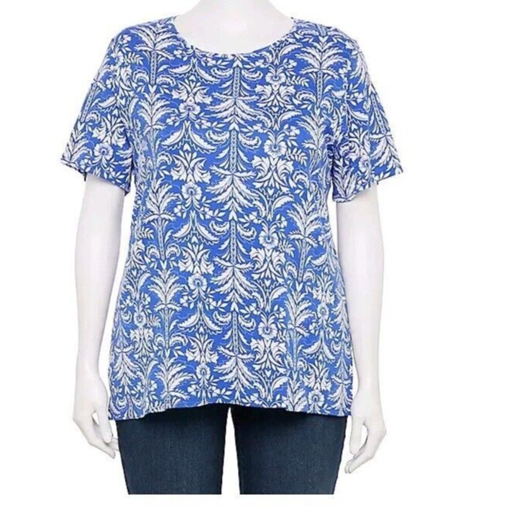 NWT Women's Croft & Barrow Essential Crewneck Tee Size 0X (14W) Blue White Palm